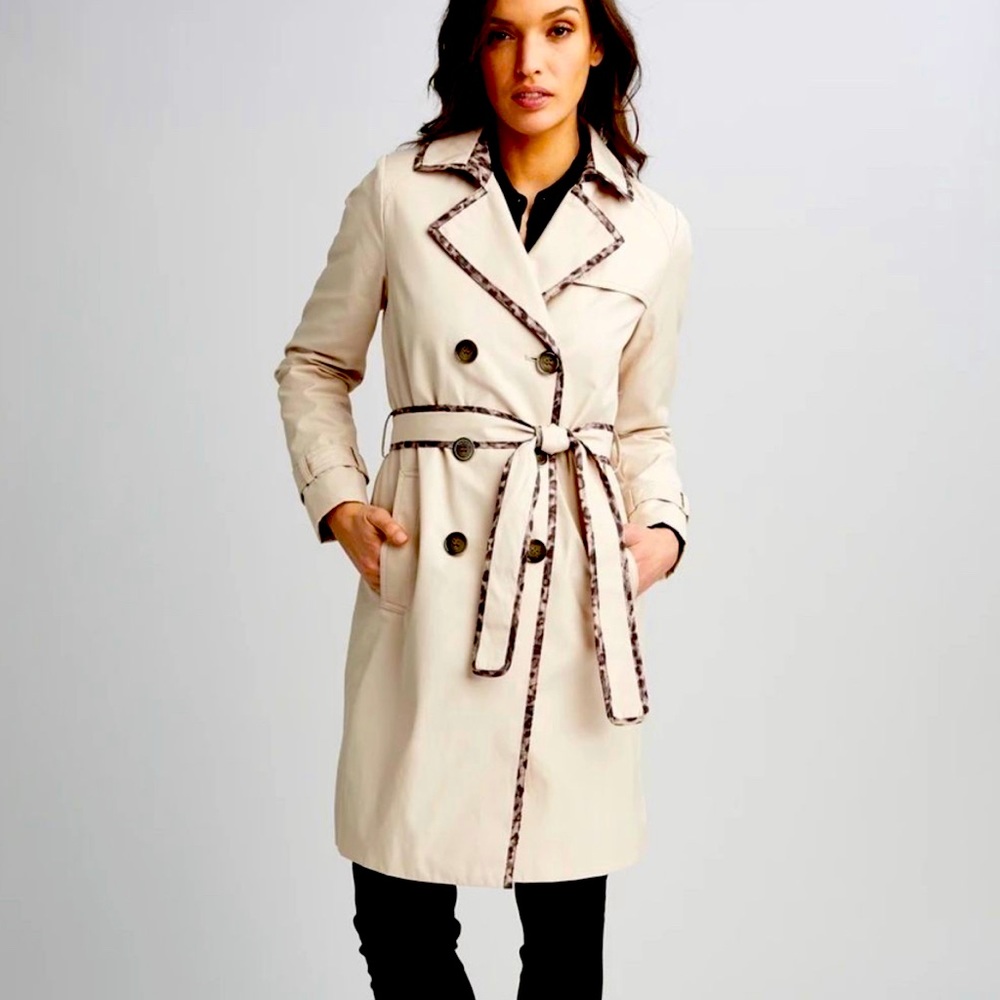 Tahari Maggie Leopard-Print-Trim Sand Double-Breasted Raincoat Size Small NWT